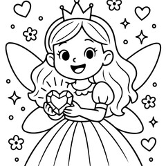 Obraz premium Little Princess with Sparkling Gem: A charming little princess, radiant with joy, holds a sparkling heart-shaped gem, adorned with a crown and wings, surrounded by hearts and flowers. 