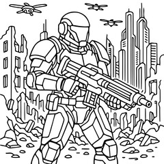 Cyber Soldier Amidst Ruins: A futuristic cyber soldier stands firm amidst the ruins of a war-torn city, a symbol of resilience in the face of conflict and technological innovation.