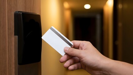 Close-up of Hand Holding Access Card Near Door Lock.