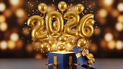 Golden 2026 balloons emerging from a gift box celebrating the new year