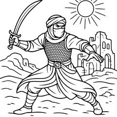 Obraz premium Warrior of the Sands: A steadfast warrior, sword in hand, stands resolute against a sun-drenched desert backdrop, embodying courage and strength.