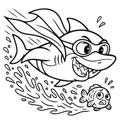 Obraz premium Superhero Shark Pursuing Fish: In a dynamic, illustrative scene, a superhero shark soars through the water, pursuing a scared fish, representing themes of pursuit and bravery. 