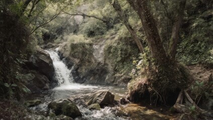 Serene Waterfall in Lush Forest - A Tranquil Nature Scene.