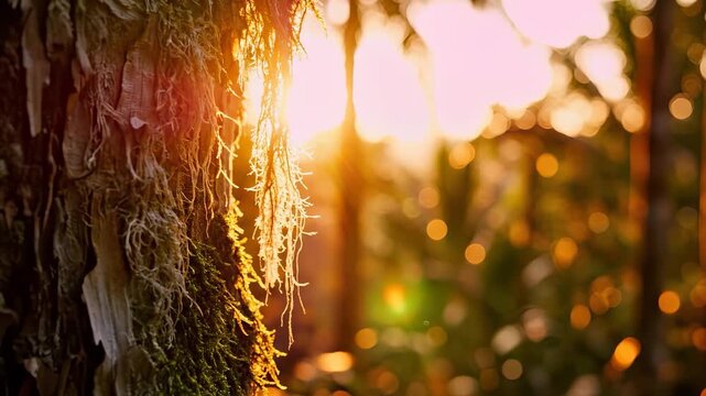 Sunlight filters through the trees, illuminating the mossy bark of a tree while creating a warm atmosphere. The moss adds a natural texture to the scene, enhancing the forest's bea