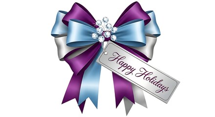 Elegant Multi-Colored Festive Bow with Sparkling Diamonds and a Happy Holidays Tag