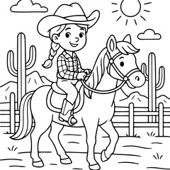 Fototapeta premium Young Cowgirl's Adventure: A charming illustration depicts a young cowgirl, seated confidently astride her horse, embarking on an exciting journey under a sunny sky in wild west scene.