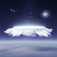 Surreal cloud formation with ethereal glow against a backdrop of galaxy vista