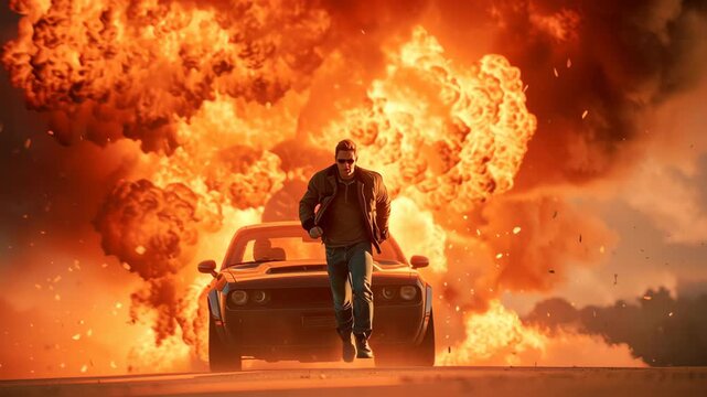 Action shot of man running from car explosion concept. Dynamic dramatic intense scene with action fire in movie blockbuster style.
