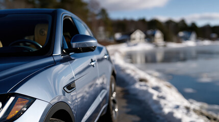A sleek blue car parked near a frozen lake, reflecting the winter scenery, showcasing a serene atmosphere with snow and distant cabins creating a peaceful outdoor escape.