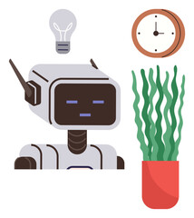 Robot with antenna, glowing light bulb, analog clock, and potted plant depicting harmony of technology, creativity, time management, and sustainability. Ideal for innovation, AI smart homes