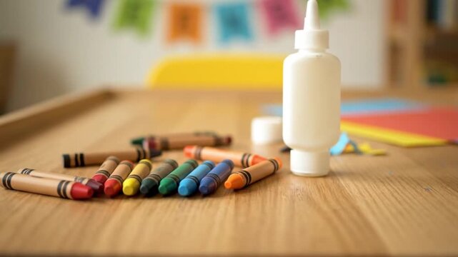 Colorful crayons and white glue bottle on a wooden table, creative art supplies