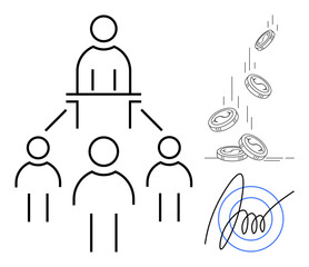 Business structure, financial transactions, organizational management, wealth distribution, blockchain, digital authentication. Hierarchical figures, coins and a signature symbol. Business structure