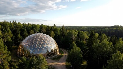 Geodesic Dome Structure Surrounded by Forest Landscape.