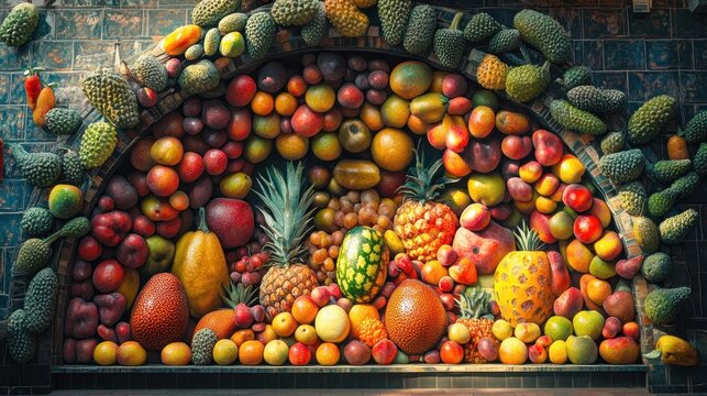 the entrance to a market like La Boqueria, facade adorned with a mosaic of hyperrealistic, glistening fruits and vegetables