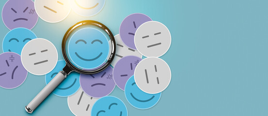 Positive thinking feedback, World mental health day, Magnifying glass focus Satisfied feedback...
