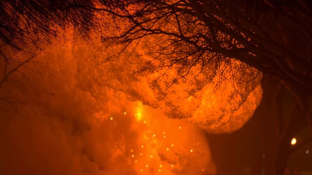 Action shot of man running from car explosion concept. Dynamic intense dramatic scene with blockbuster fire in action movie style.