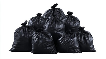 Pile of black garbage bags on white background. Artificial intelligence image