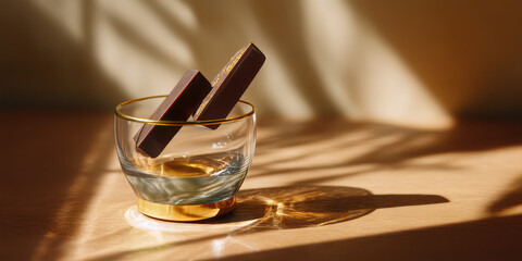 Two chocolate pieces luxury glass on wooden table with warm sunlight and shadow play, cozy mood