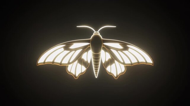 A stylized glowing moth illustration with white wings and a dark body against a black background.