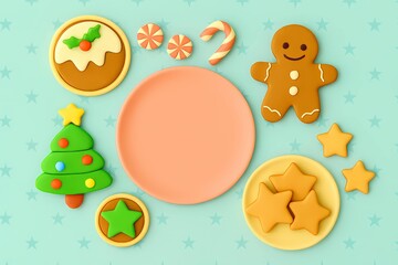 Fototapeta premium Clay-style festive cookie top view with gingerbread, candy cane, and decorated treats