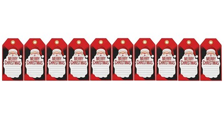 A row of festive Merry Christmas gift tags featuring Santa Claus's cheerful face