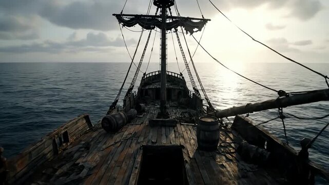 Cinematic flyover of a mysterious old ghost ship sailing on the open ocean at sunset