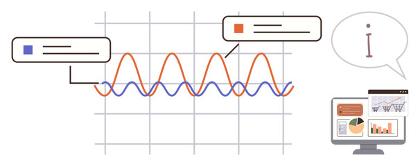 Graph with blue and orange waveforms, data points, annotations desktop showing analytics, charts, graphs. Ideal for data management, statistics, analytics, performance tracking business insights