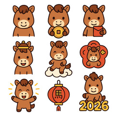 Cute brown horse character holding coin and lantern, festive joyful New Year celebration