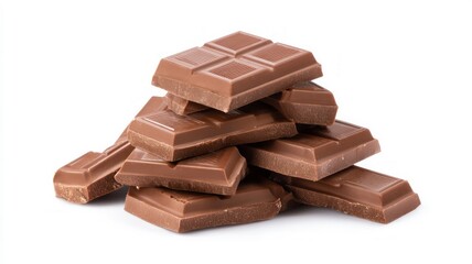Stack of milk chocolate pieces on white background. Artificial intelligence image