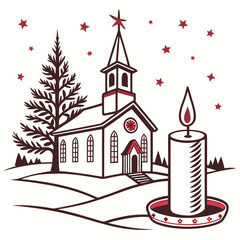 Christmas decorating ideas with a Church, a Christmas tree, and a candle vector design on a white background