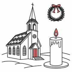 Christmas decorating ideas with a Church, a Christmas tree, and a candle vector design on a white background