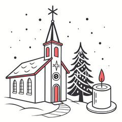 Christmas decorating ideas with a Church, a Christmas tree, and a candle vector design on a white background