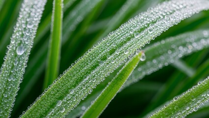 Macro Close-up of Vibrant Green Grass Blades Adorned with Sparkling Clear Morning Dew Drops