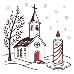 Christmas decorating ideas with a Church, a Christmas tree, and a candle vector design on a white background
