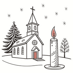 Christmas decorating ideas with a Church, a Christmas tree, and a candle vector design on a white background