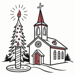 Christmas decorating ideas with a Church, a Christmas tree, and a candle vector design on a white background