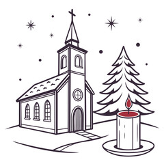Christmas decorating ideas with a Church, a Christmas tree, and a candle vector design on a white background