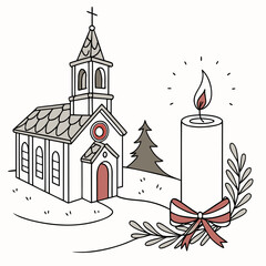 Christmas decorating ideas with a Church, a Christmas tree, and a candle vector design on a white background