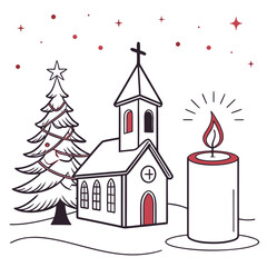 Christmas decorating ideas with a Church, a Christmas tree, and a candle vector design on a white background