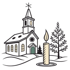 Christmas decorating ideas with a Church, a Christmas tree, and a candle vector design on a white background