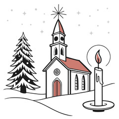 Christmas decorating ideas with a Church, a Christmas tree, and a candle vector design on a white background 