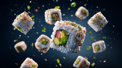 Floating sushi rolls with black background. Artificial intelligence image