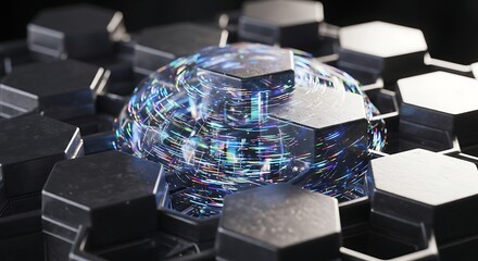 Abstract digital brain concept surrounded by geometric hexagon shapes