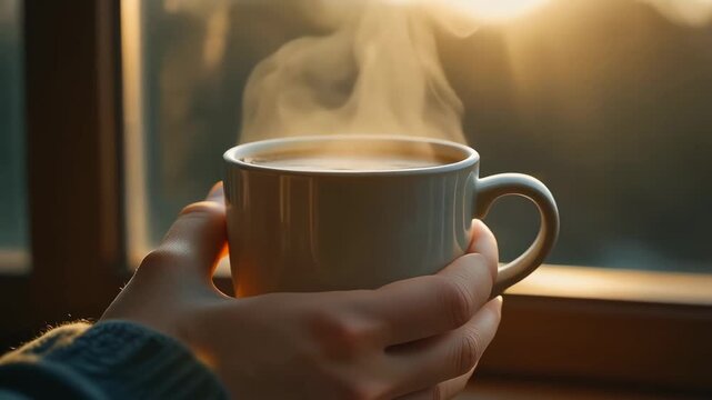 Close-up of hands holding a steaming mug of hot beverage by a sunlit window, creating a cozy and warm atmosphere.