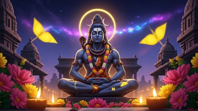 Maha Shivaratri Banner, majestic statue of Lord Shiva with shining trishula in the center background, decorated with jasmine and marigold flowers, Ai generated ... See More