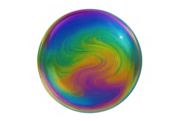 Iridescent soap bubble creating a colorful psychedelic abstract surface on a transparent background