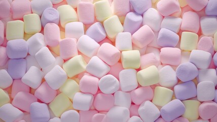 Pastel marshmallows spread on flat surface. Artificial intelligence image
