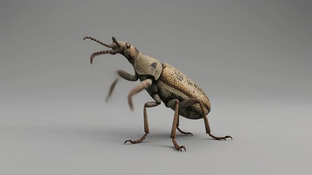 A detailed close-up of a weevil beetle standing on a plain grey background, showcasing its distinctive long snout and segmented body.