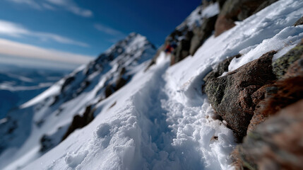 A stunning view of a snowy mountain trail nestled amidst rugged rocks, showcasing a beautiful contrast of white snow against sharp mountain peaks under a clear blue sky.