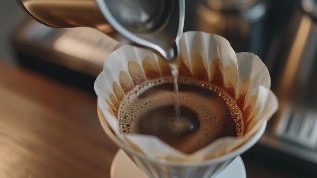Close-up of hot water being poured into a pour-over coffee dripper with a paper filter, brewing fresh coffee.